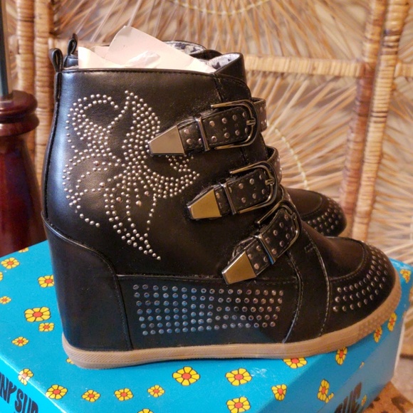 Penny Sue Shoes - Studded Ankle Wedge Heel Boots